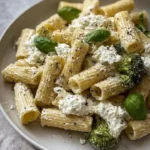 Skillet ricotta pasta with roasted broccoli served in a bowl