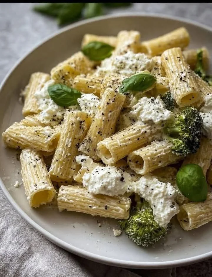 Skillet ricotta pasta with roasted broccoli served in a bowl