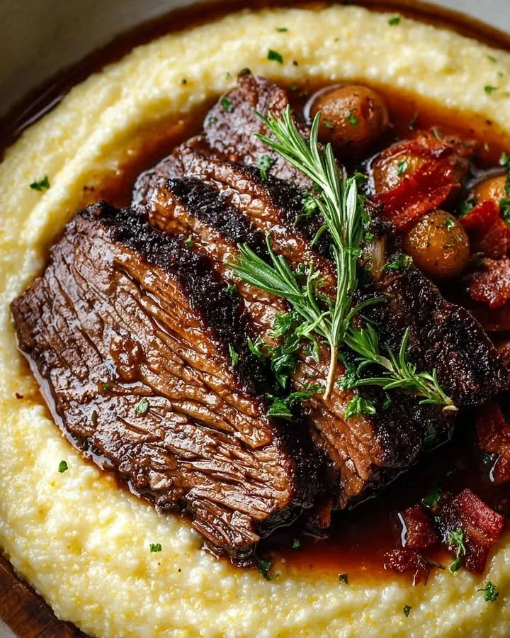 Delicious slow-braised beef brisket with herb grits on a plate