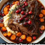 Slow-braised beef roast with cranberry balsamic glaze served on a plate