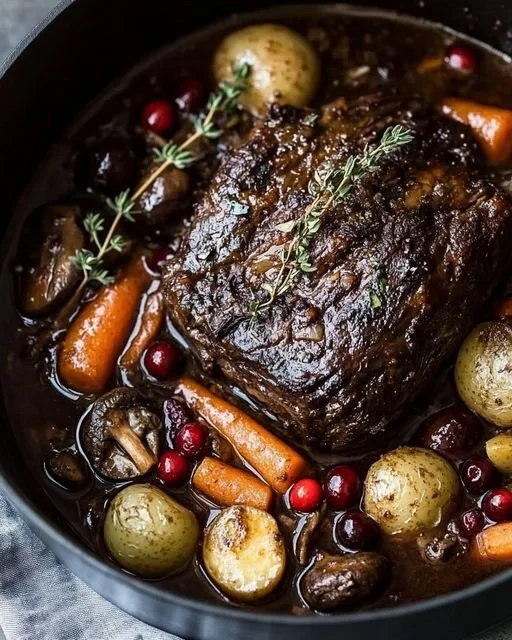 Delicious slow-cooked cranberry pot roast on a serving plate