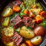 Delicious slow cooker corned beef and cabbage stew in a bowl