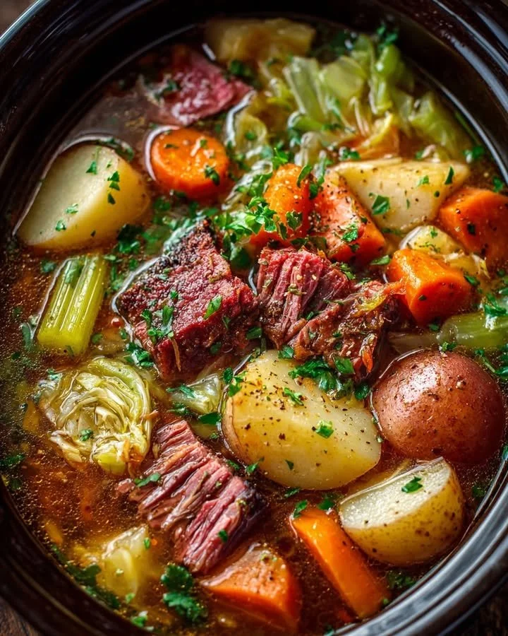 Delicious slow cooker corned beef and cabbage stew in a bowl