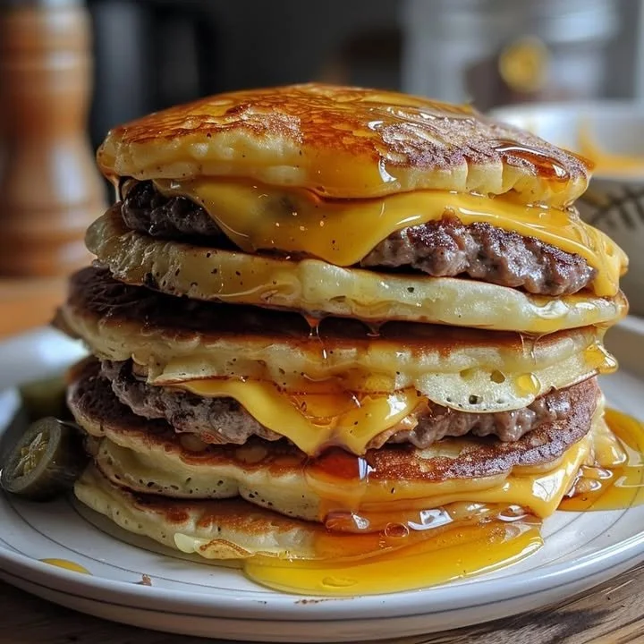 Delicious Smash Burger Pancakes served with toppings and syrup