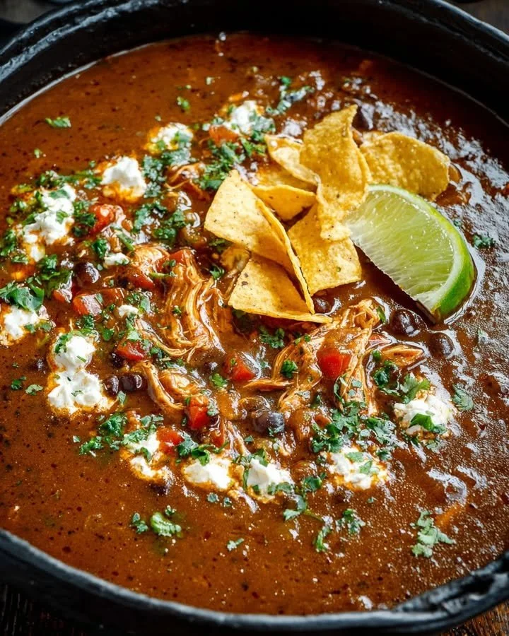 Smoky black bean soup with shredded chicken, chipotle, and lime in a bowl