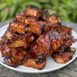 Delicious smoky honey-glazed pork rib tips on a serving platter