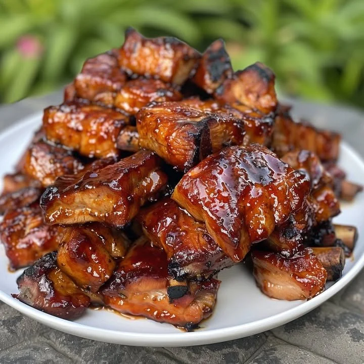 Delicious smoky honey-glazed pork rib tips on a serving platter