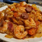 Southern fried cabbage dish with Andouille sausage and jumbo shrimp