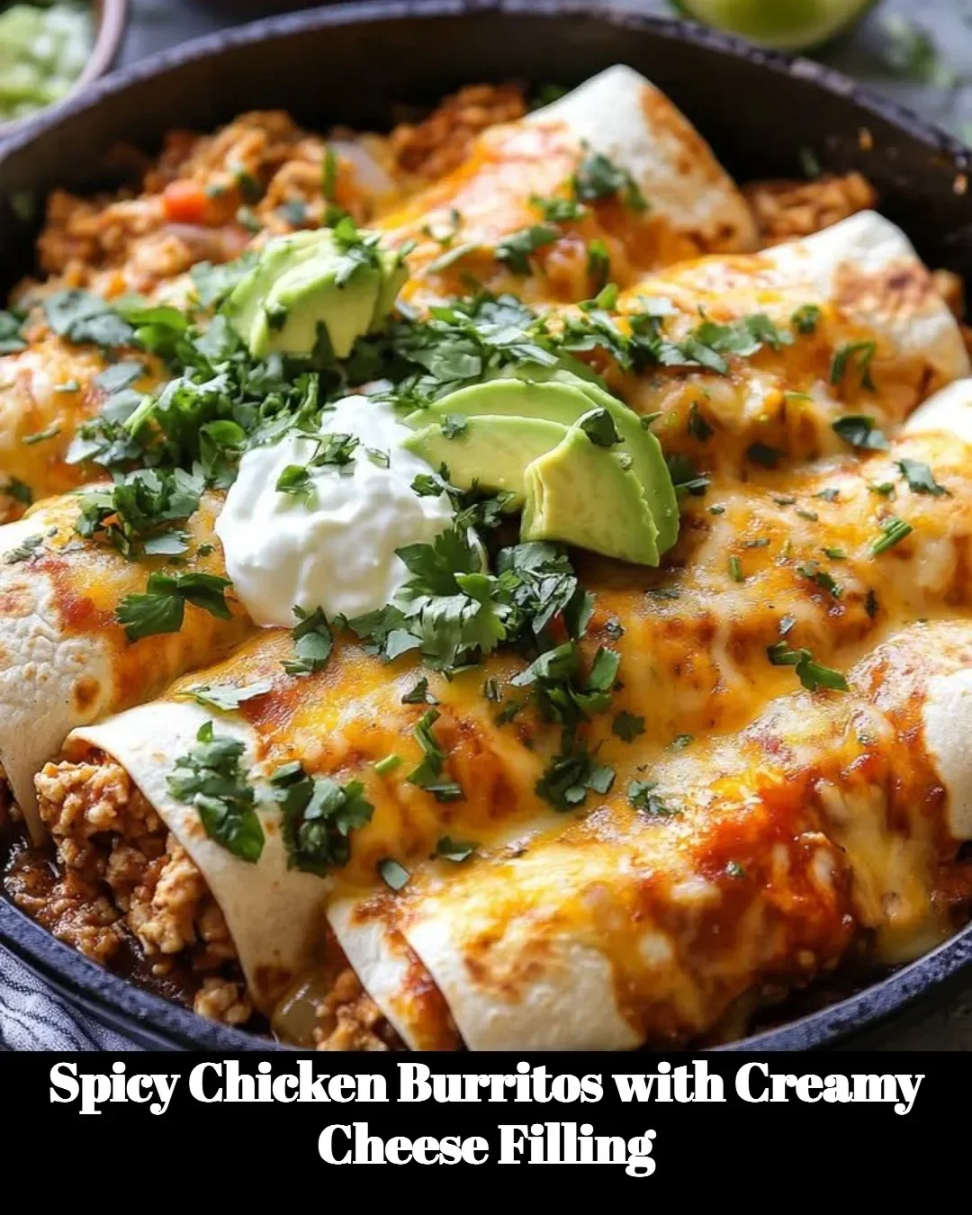 Spicy chicken burritos with creamy cheese filling served on a plate