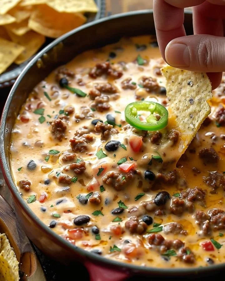 Delicious Spicy Cowboy Cheese Dip served with tortilla chips