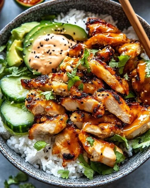 Spicy honey-ginger chicken bowl with colorful veggies and Yum Yum sauce.