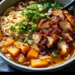 Bowl of spicy ramen topped with chili crisp chicken and garnished with green onions
