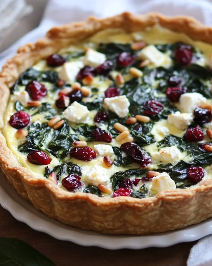 Delicious Spinach Quiche with Feta, Cranberry, and Pine Nuts