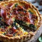 Spinach Quiche with Prosciutto and Toasted Sesame Crust on a serving plate
