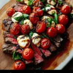 Delicious steak caprese salad with balsamic dressing and fresh ingredients.
