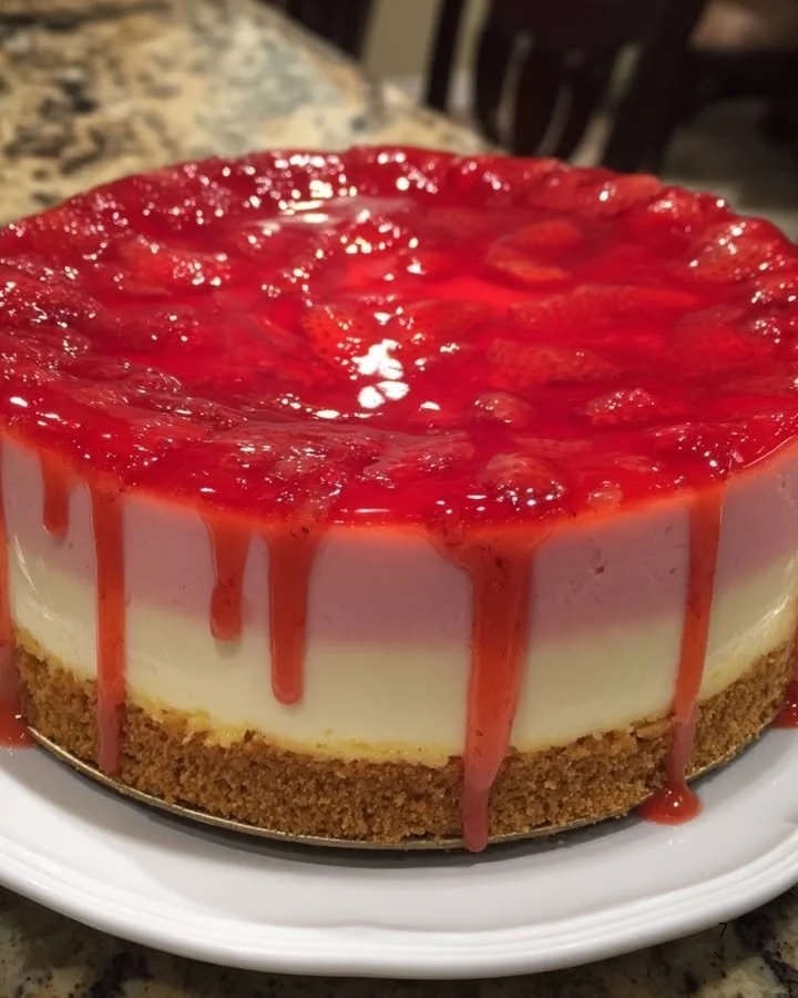 Delicious Strawberry and White Chocolate Mousse Cake with fresh strawberries on top