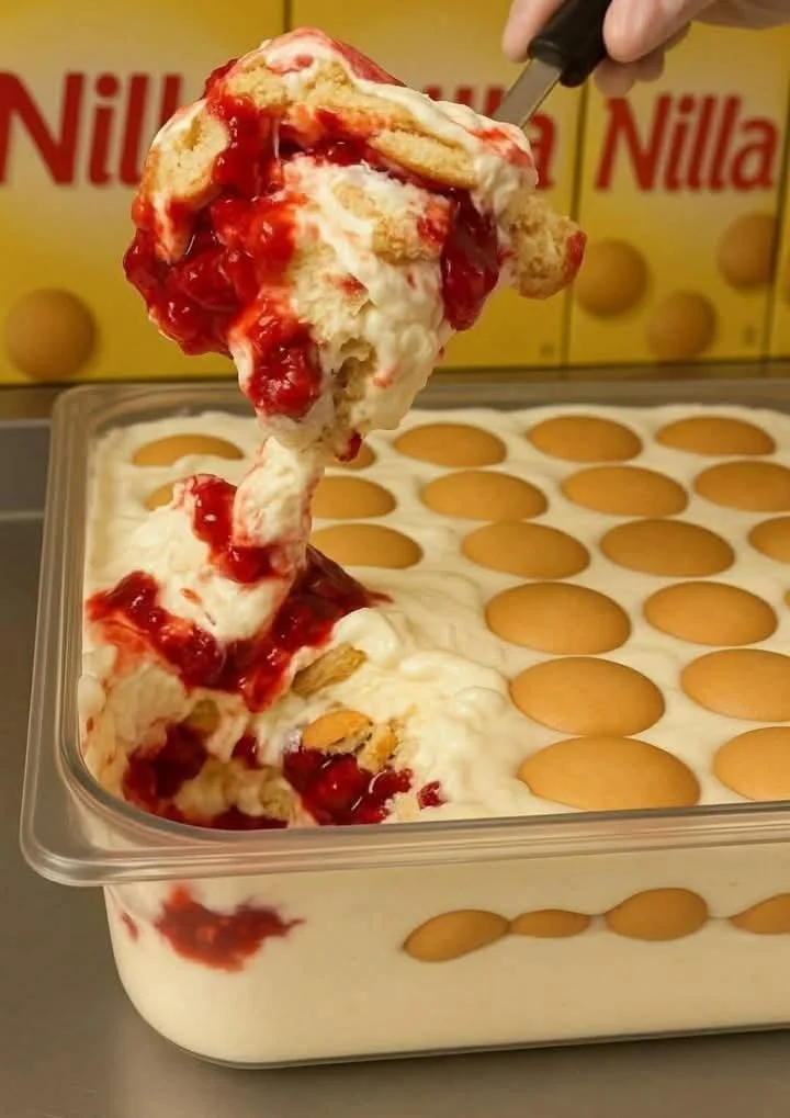 Delicious strawberry banana pudding dessert in a glass dish with fresh strawberries and bananas