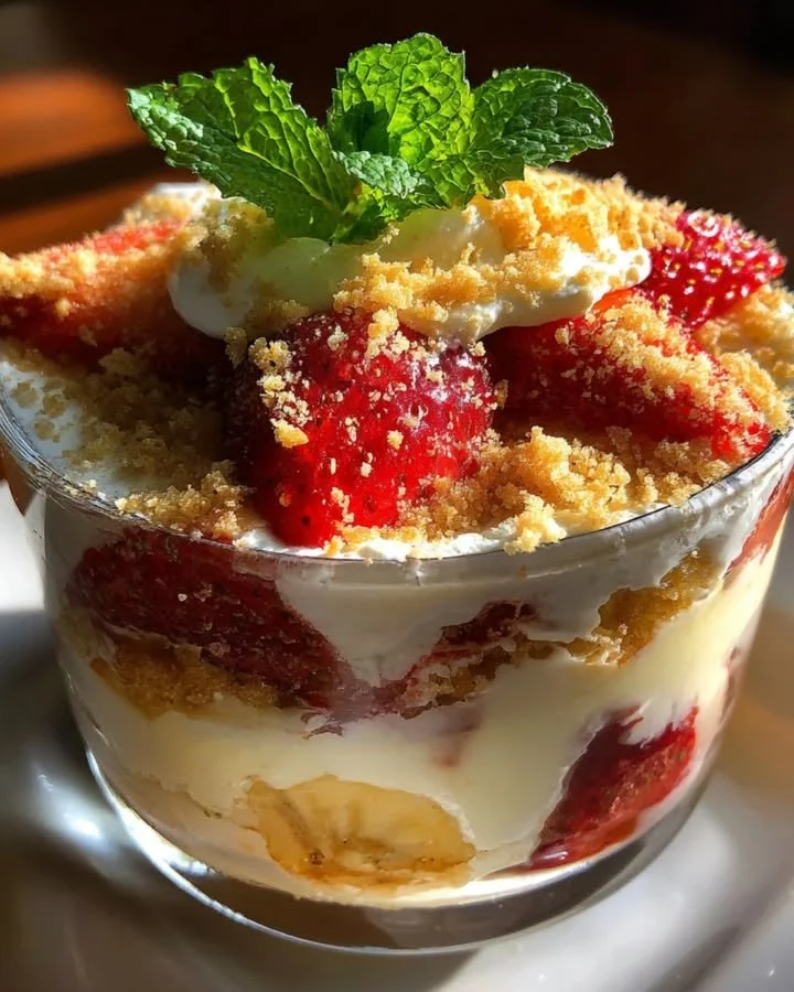 Delicious Strawberry Banana Pudding Dream dessert served in a bowl