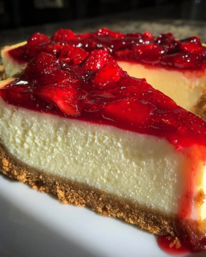 Deliciously crafted strawberry cheesecake with fresh strawberries on top