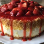 Delicious strawberry cheesecake cake topped with fresh strawberries and whipped cream.