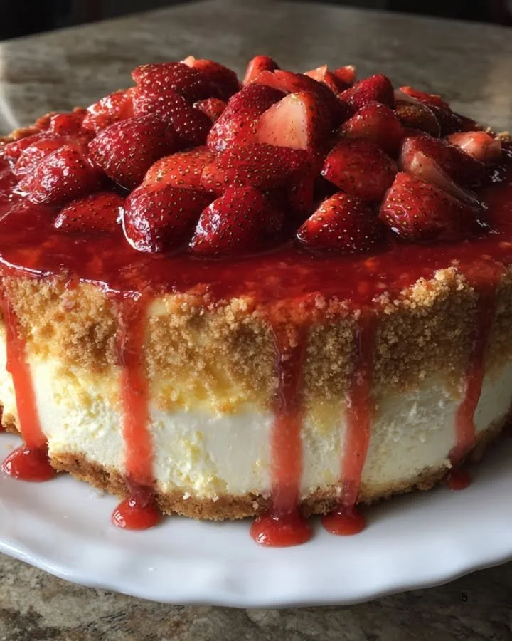 Delicious strawberry cheesecake cake topped with fresh strawberries and whipped cream.