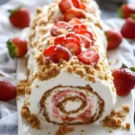Strawberry Cheesecake Crunch Roll Cake with fresh strawberries and cream topping