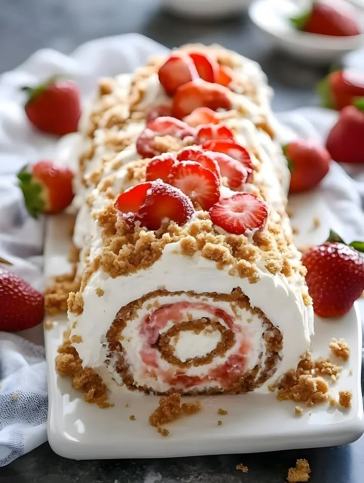 Strawberry Cheesecake Crunch Roll Cake with fresh strawberries and cream topping