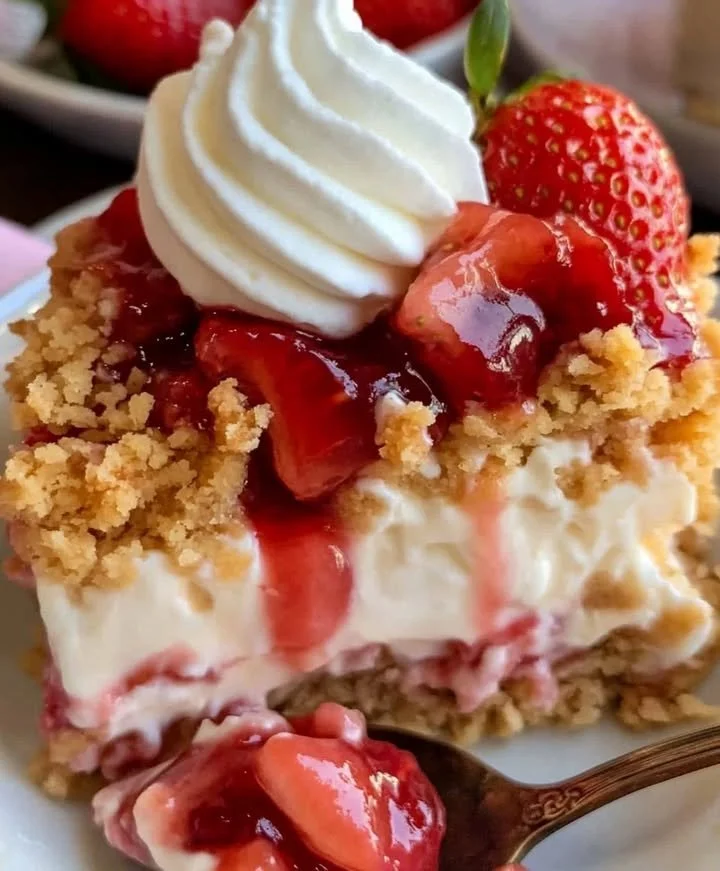 Delicious Strawberry Cheesecake Dump Cake topped with fresh strawberries