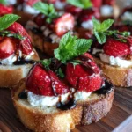 Delicious strawberry crostini topped with cream cheese and fresh mint on a platter.