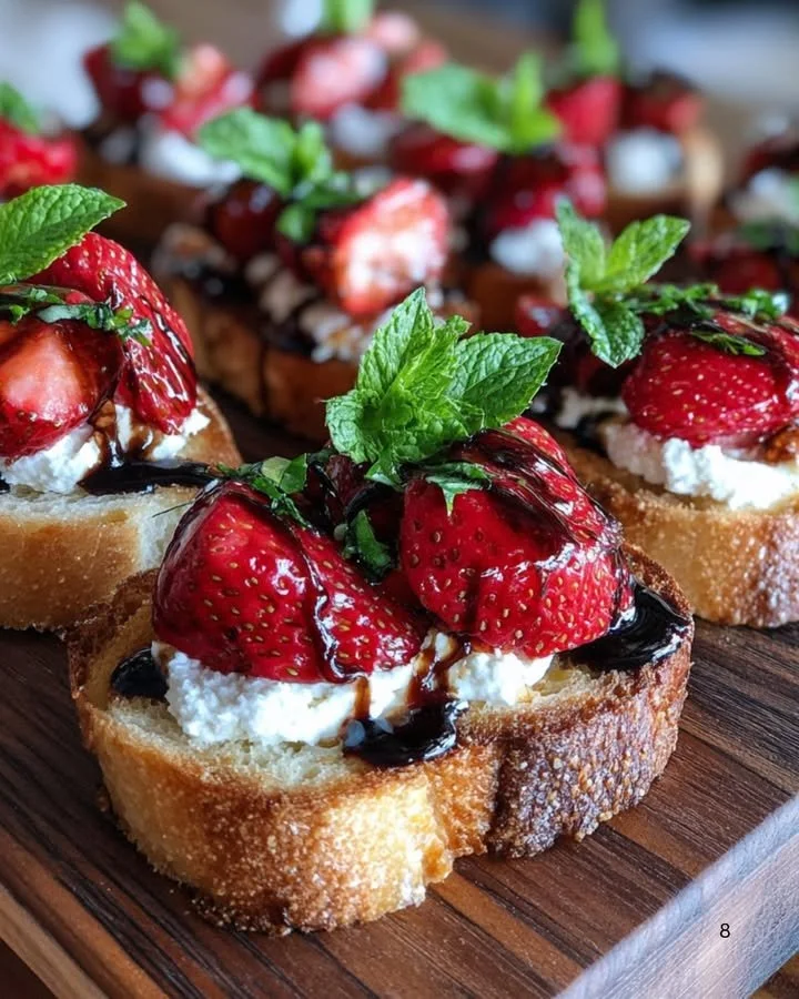 Delicious strawberry crostini topped with cream cheese and fresh mint on a platter.