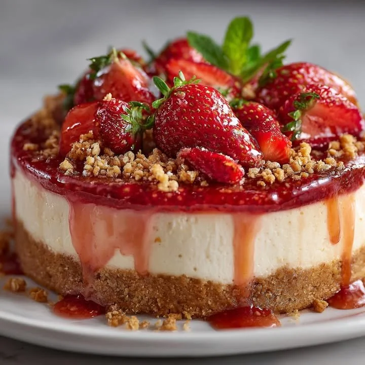 Delicious Strawberry Crunch Cheesecake topped with fresh strawberries and crunchy layers