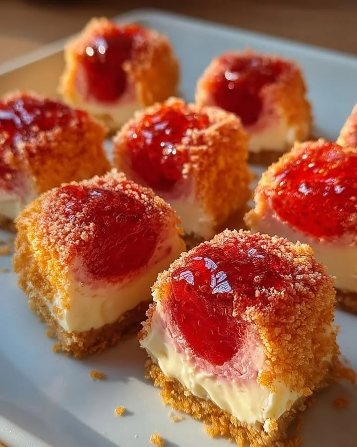 Strawberry crunch cheesecake bites topped with crunchy strawberry crumbs