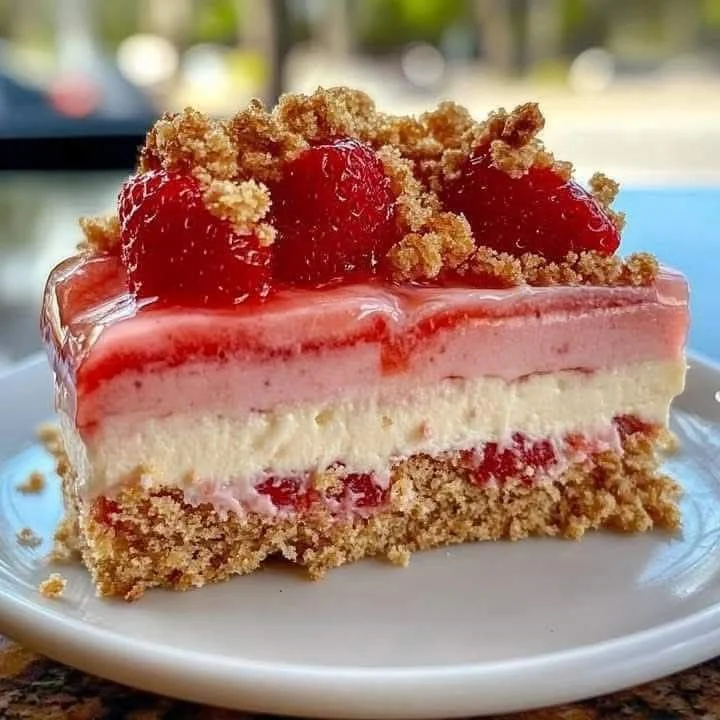 Delicious Strawberry Crunch Cheesecake Cake topped with fresh strawberries and crunchy layers
