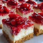 Delicious strawberry crunch cheesecake chunks with a fresh strawberry garnish