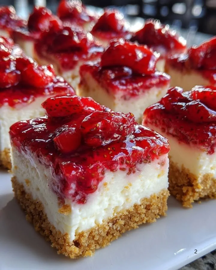 Delicious strawberry crunch cheesecake chunks with a fresh strawberry garnish