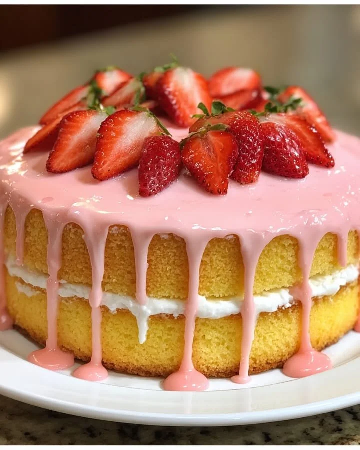 Strawberry Lemonade Cake topped with fresh strawberries and lemon zest