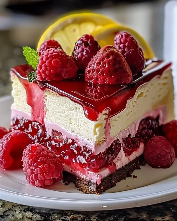 Delicious strawberry lemonade cheesecake with fresh strawberries and lemon zest.