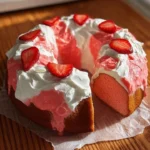 Delicious Strawberry Milkshake Pound Cake topped with fresh strawberries and whipped cream.