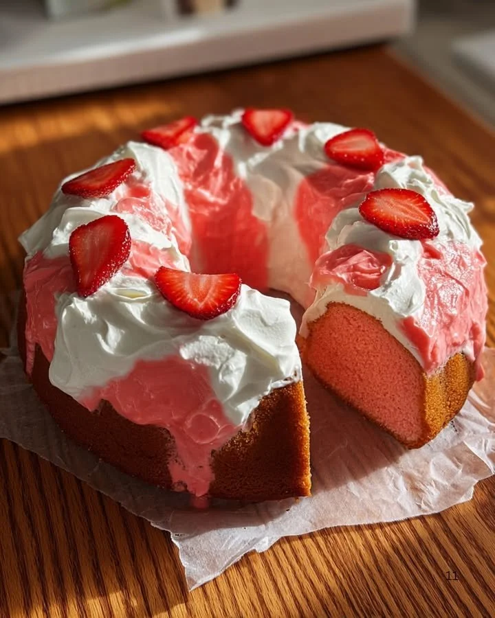 Delicious Strawberry Milkshake Pound Cake topped with fresh strawberries and whipped cream.