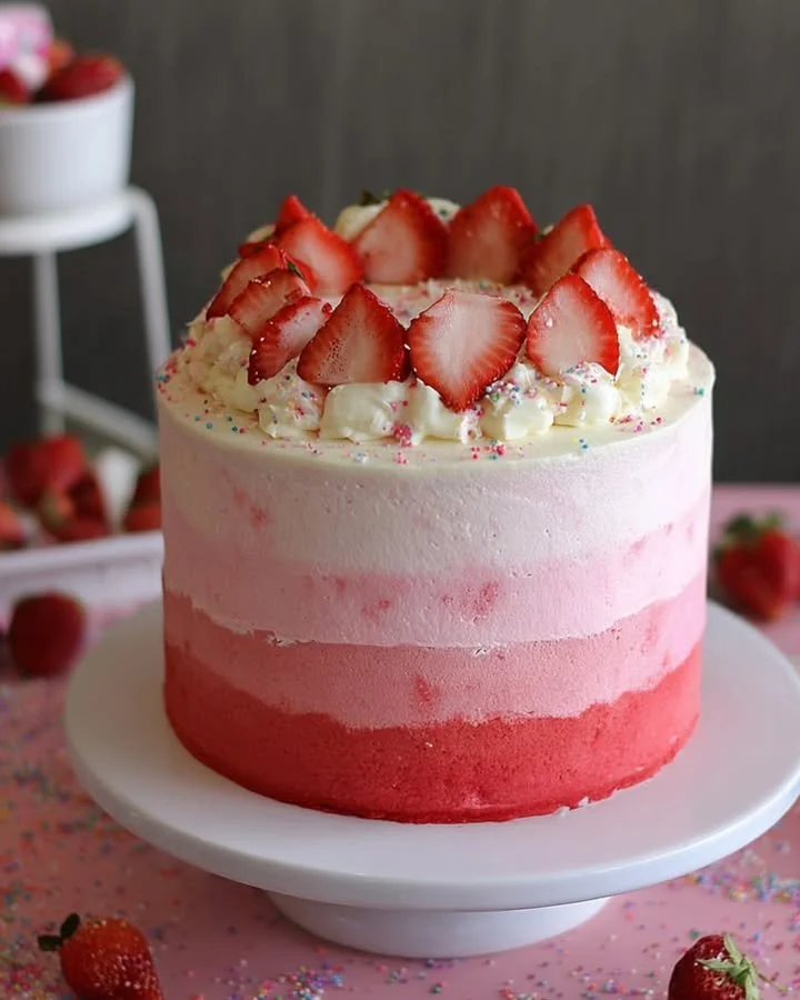 Strawberry ombre cake with beautiful gradient layers and fresh strawberries on top.
