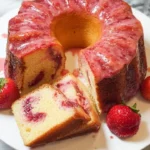Freshly baked strawberry pound cake topped with strawberries