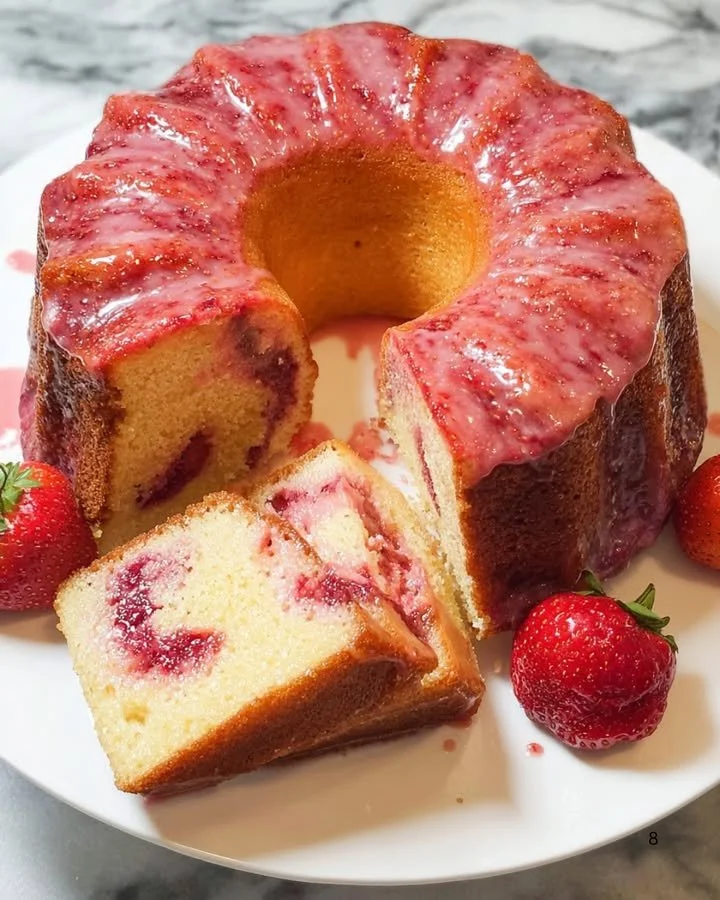 Freshly baked strawberry pound cake topped with strawberries