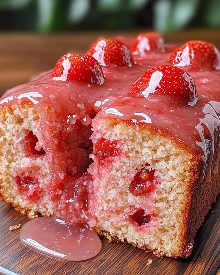 Delicious strawberry pound cake with a rich strawberry glaze on top