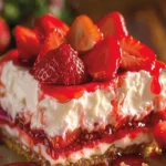 Delicious Strawberry Pretzel dessert topped with fresh strawberries and whipped cream.