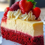 Slice of strawberry red velvet cheesecake topped with fresh strawberries