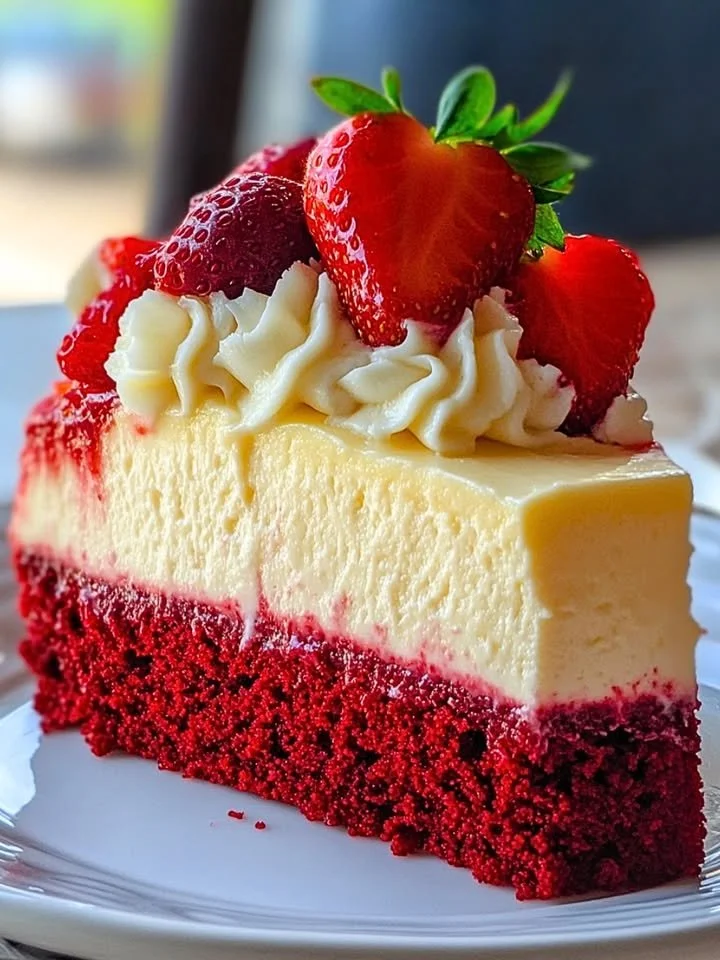 Slice of strawberry red velvet cheesecake topped with fresh strawberries