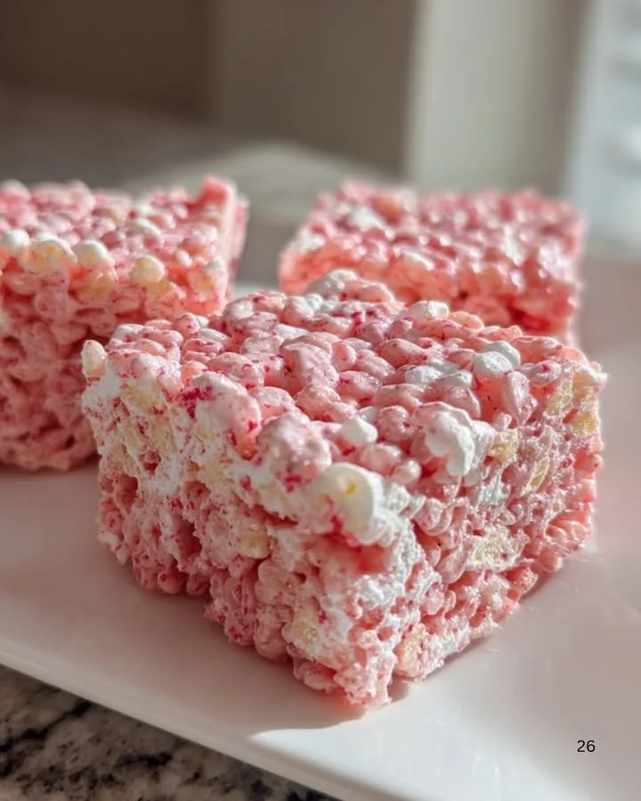 Delicious Strawberry Rice Krispie Treats topped with fresh strawberries