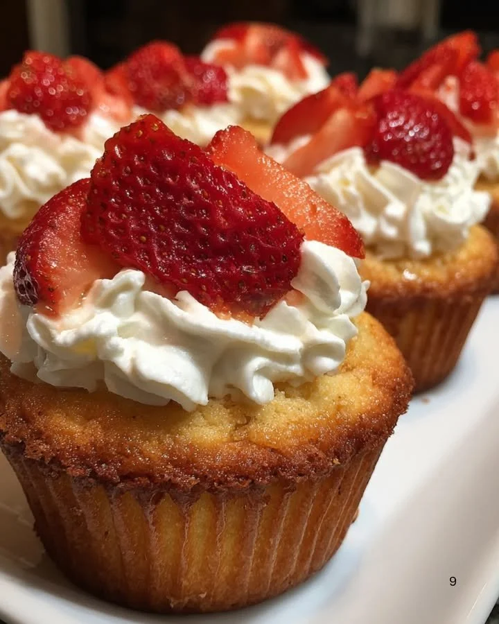 Strawberry shortcake cupcakes topped with fresh strawberries and whipped cream