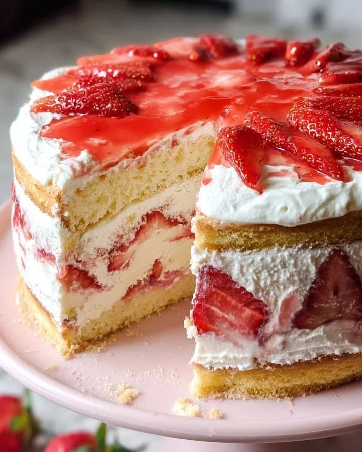 Strawberry shortcake layer cake with fresh strawberries and whipped cream