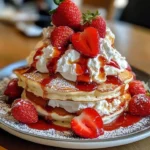 Stack of Strawberry Shortcake Pancakes topped with fresh strawberries and whipped cream